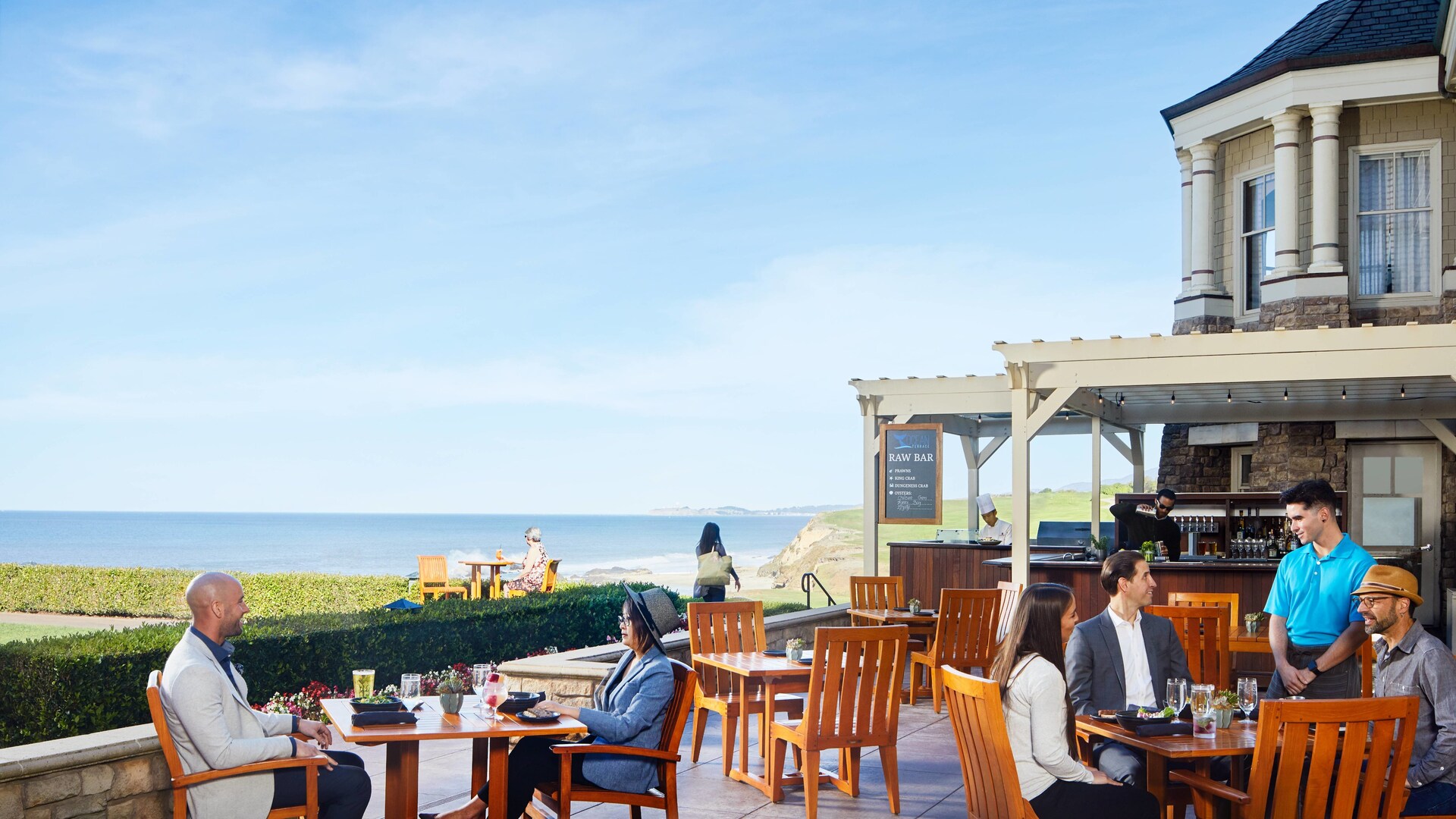 Ocean terrace and raw bar above the bluff at Half Moon Bay