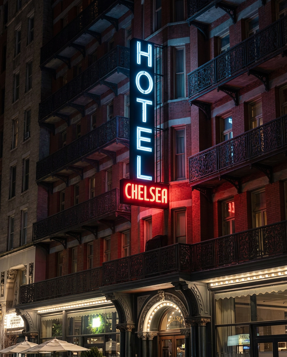 The Hotel Chelsea in New York at night, neon sign glowing above West 23rd Street
